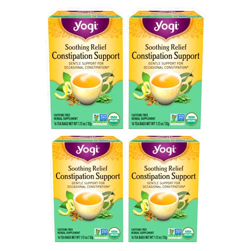 Yogi Tea Soothing Relief Constipation Support - Tea with Organic Senna Leaf - Gently Aids Constipation Overnight - Laxative Tea Blended With Peppermint & Sage - 16 Tea Bags Per Pack (4 Packs)