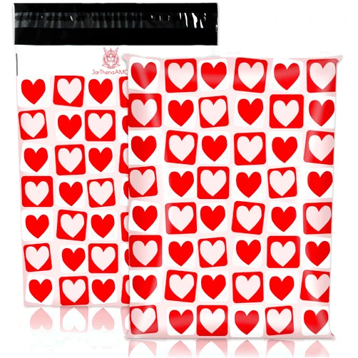 JarThenaAMCS 100Pcs Valentine's Day Poly Mailer 10 x 13 Inch Red Pink Heart Plaid Packaging Bags Self Seal Mailing Envelopes Bags for Small Business Clothing