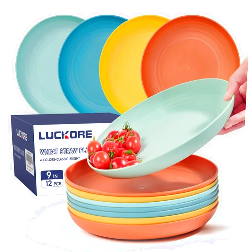 Luckore 9 inch Deep Dinner Plates Set of 12 Wheat Straw Plates, Unbreakable Dinner Dishes Alternative for Plastic Microwave and Dishwasher Safe for Kitchen with 4 Colors Classic Bright