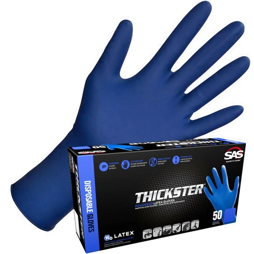 SAS Thickster Powdered Latex Disposable Gloves. Size 2X-Large. Blue Color, 14 mil Thickness, 12