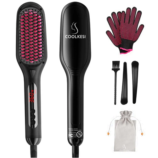 COOLKESI Ionic Hair Straightener Brush by COOLKESI, 30s Fast MCH Ceramic Heating Hair Straightening Brush with Anti Scald Feature, Auto-Off & Dual Voltage, Portable Frizz-Free Silky Electric Straightening Comb