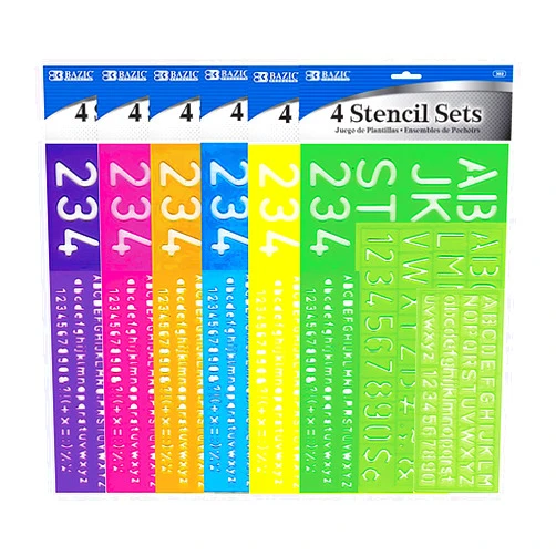 BAZIC Products BAZIC Letter Stencil Sets, Sizes 8 10 20 30 mm, Letters Number Mathematics Sign, Clear Color Plastic Stencils for Kids Students (4/Pack), 1 Unit, Random Color