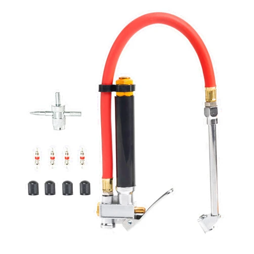 NEIKO 20701A Tire Inflator | 12 Inch | Flexible Air Tire Pressure Gauge | 20 – 120 PSI | 1/4” NPT Offset Dual Head Chuck | Tire Filler with Hose | Aluminum Body and Brass Valves | Stem Valve Caps