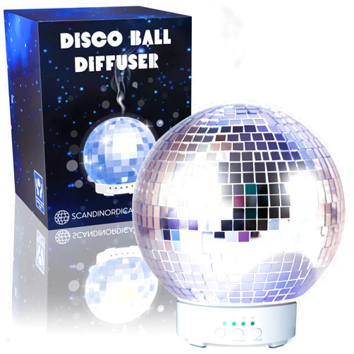 SCANDINORDICA Disco Ball Diffuser Rotating - 300 ML Essential Oil Diffuser with Whisper Quiet Operation, 7 Color Night Light & 4 Time Settings | Aromatherapy Diffuser for Large Room Silver