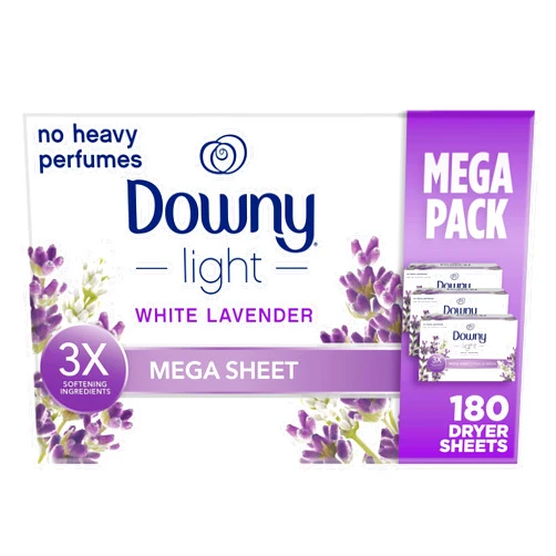 Downy Light Mega Dryer Sheets, Fabric Softener Dryer Sheets, White Lavender, 180 Count