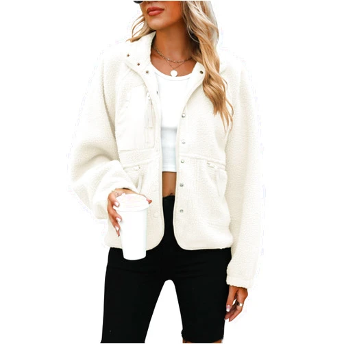 Yanekop Womens Fleece Jacket Fuzzy Long Sleeve Short Coats Button Down Sherpa Outerwear With Pockets