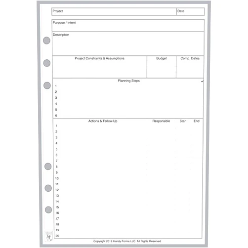 Handy Forms A5 Size Project Planner, Sized and Punched for 6-Ring A5 Notebooks by Filofax, LV (GM), Kikki K, TMI, and Others. Sheet Size 5.83