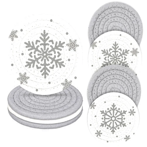 Whaline Winter Snowflake Handmade Braided Cotton Coasters Christmas Grey Snowflake Drink Coasters Absorbent Cup Coasters for Xmas Party Home Office Decor, Set of 4