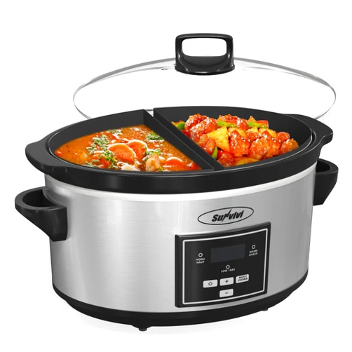Sunvivi Programmable Slow Cooker 6 Quart with 2 in 1 Silicone Liners, Multi-Cooker Food Warmer with Digital Timer, 3 Cooking Settings, Dishwasher-Safe Removable Ceramic Pot & Lid, Silver