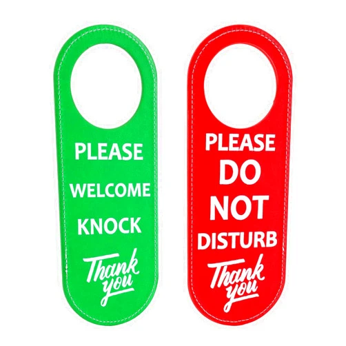 Penitue 2pcs Double-Sided PU Leather Do Not Disturb Signs, Privacy Door Knob Hanger with Welcome Please Knock Before Entering, Occupied Sign for Office Clinic Dorm Online Class Video Conference
