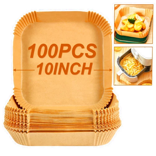 BYKITCHEN Large Air Fryer Liners, Set of 100, 10 Inch Square Air Fryer Liners, XL Air Fryer Disposable Paper Liner, Compatible with Corsori, Ninja, Gourmia Air Fryer and More