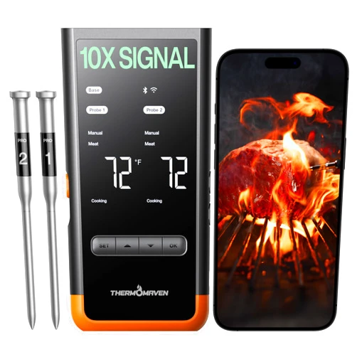 ThermoMaven Wireless Bluetooth Smart Meat Thermometer: Standalone Base, Smart WiFi Thermometer with Sub-1G, 6 Sensors NIST Certified Accuracy, 2 Probes, for BBQ, Grill, Oven, Smoker, Rotisserie