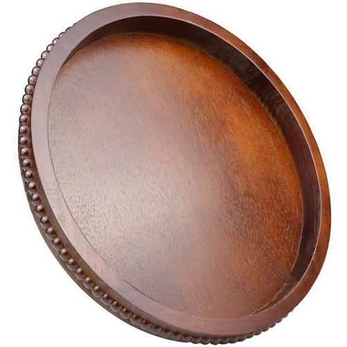 Hrastany Wood Decorative Serving Tray with Bead, Round Vintage Wooden Ottoman Tray for Home Centerpiece, Counter Organizer, 13” Circle Tray for Kitchen, Living Room (Dark Brown)