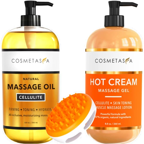 Cosmetasa Cellulite Massage Oil, Gel & Mitt - Natural Hot Cream Massage Gel, Oil & Massager - Firm, Tone, Tighten & Moisturize Skin. Soothes Muscles