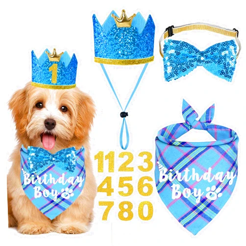 JOTFA Dog Birthday Party Supplies, Multi Sizes Dog Birthday Bandana Boy Dog Birthday Hat Crown with Birthday Numbers Bow Tie for Small Dogs Pets (Light Blue, Small)