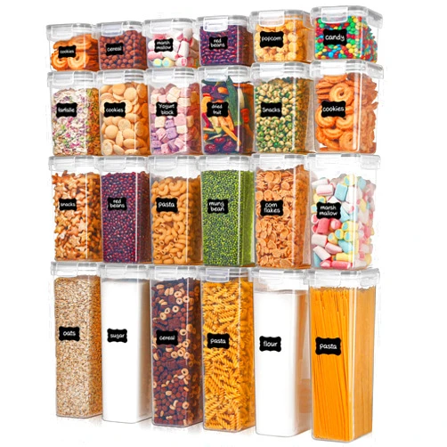 Vtopmart Airtight Food Storage Containers with Lids, 24 pcs Plastic Kitchen and Pantry Organization Canisters for Cereal, Dry Food, Flour and Sugar, BPA Free, Includes 24 Labels，Gray