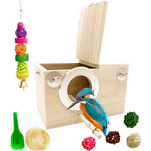 MUYG Parakeet Breeding Box Birds Natural Wooden House Lovebird Nesting Mating Box 7Pcs Bird Supplies for Cockatiel Finch Canary Budgie Aviary (7.67×4.72x4.72 in)