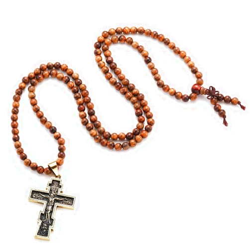 Xanight Jesus Crucifix Stretch Rosary Necklace,Wooden Beads Handmade Holy Mary Stainless Steel Cross Medal Amulet Christian Pendant for Men & Women