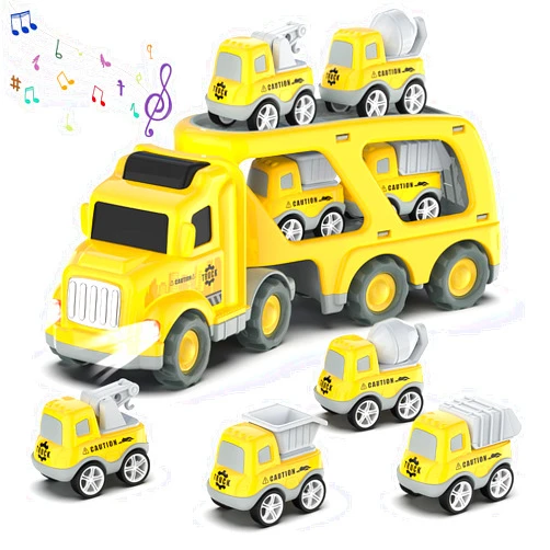 Veslier Toddler Car Toys for 3 4 5 Years Old Construction Transport Truck with 4 Pack Small Pull Back Construction Vehicles Friction Power Cars Christmas Birthday Gifts for Kids Boys Girls