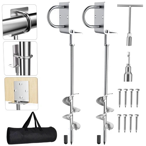 Phopich Multi-Purpose Ground Anchors Screw in, Fully Welded Heavy Duty Trampoline Stakes with Brackets, T-Wrench and Adapter for Drill, Earth Anchor kit for Mobile Home, Trampoline, Shed