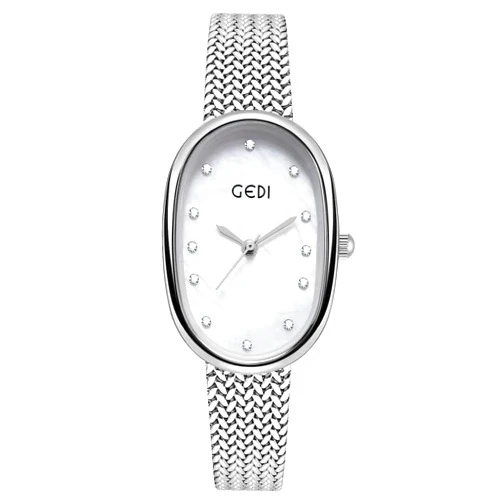 Gosasa Elegant Women's Quartz Watch - Oval Dial, Slim & Cute, Modern Minimalist Design, 30m Waterproof, Mother-of-Pearl Face, Adjustable Stainless Steel Mesh Band