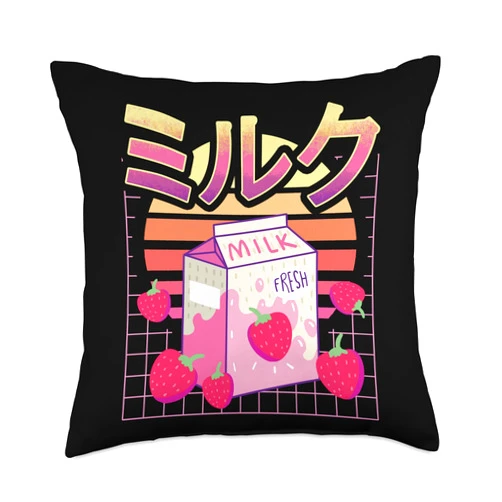 Cute Kawaii Japan Funny Foodie Cuisine Culture Fan Kawaii Strawberry Milk Japanese Anime Vaporwave Harajuku Throw Pillow, 18x18, Multicolor