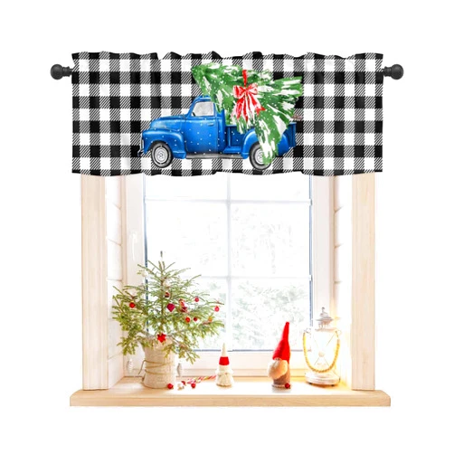 ALAGEO Christmas Valances for Windows Blue Truck Xmas Tree Christmas Kitchen Curtain Valances Black Buffalo Plaid Window Curtain Treatment Short Topper Curtains Seasonal Valance Christmas Decor, 42x18 inch