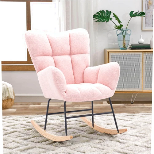 Koruiten Nursery Rocking Glider Chair Nursing Armchair Rocker Rocking Accent Chair for Mom, Teddy Upholstered Rocker Glider Chair with High Backrest for Bedroom Living Room (Light Pink)