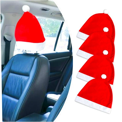 Sodcay 4 PCS Car Santa Hat Seat Headrest Cover, Christmas Classic Color Dust Cover Plush Soft Decorations, Creative Cute Reusable Protective Cover, Universal for Most Cars (Red)