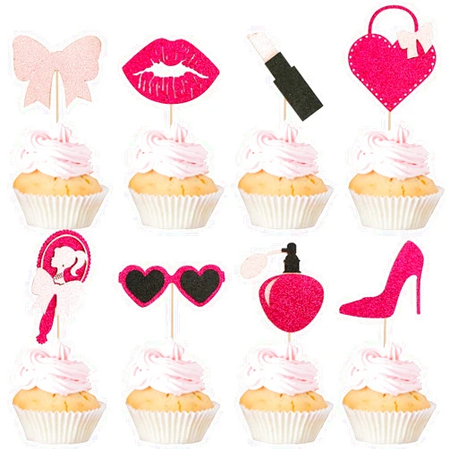 Mulukaya 24Pcs Glitter Princess Cupcake Toppers High Heel Lipstick Perfume Vanity Mirror Treat Cake Picks for Pink Girl Birthday Bridal Party Decorations Supplies
