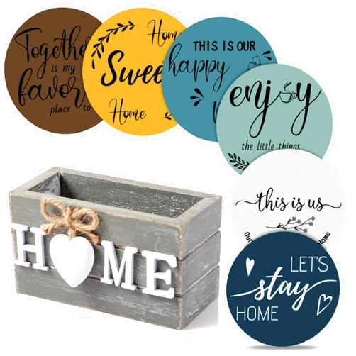 Queekay Housewarming Gifts for Home Decoration Wooden Heart Coasters for Drinks 6 Set Farmhouse Coasters with Holder Funny for Family Coffee Table Protection, 4''(Blue)