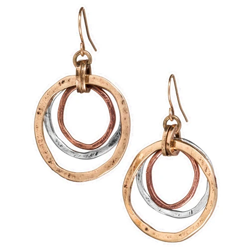 OF EARTH AND OCEAN Handmade Sunrise Tricolor Dangle Earrings - Burnished Circles, Copper, Brass and Silverplated