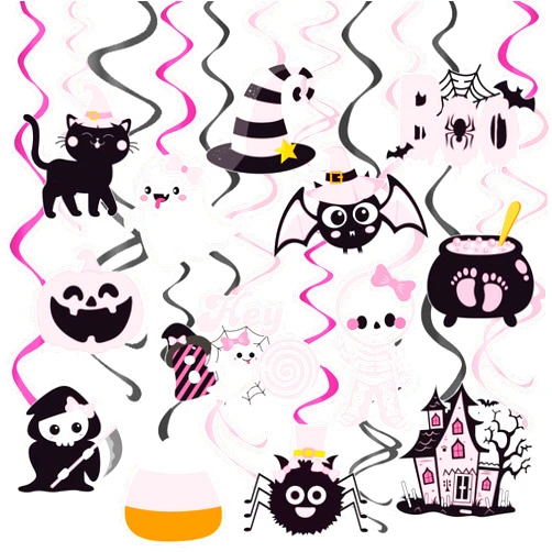 C L cooper life Halloween Party Hanging Swirls Halloween Ghost Boo Party Hanging Decoration Pink Pumpkin Bat Witch Themed Swirl Ceiling Streamers for Girls Halloween Party Trick or Treat Party Supplies