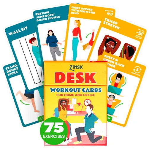 Zinsk 75 Desk Workout Cards - 25 Stretches 50 Bodyweight Exercises to Make Quick, Easy Workout Routines From Your Chair - 3.5 x 2.5 inch Desk Exercise Cards for Women and Men Who Work from Home or Office