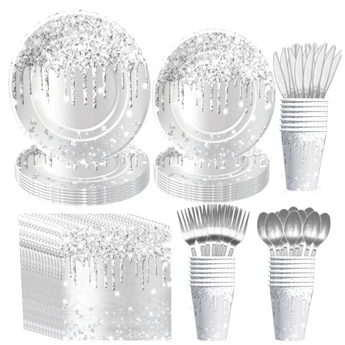 YJRJSC Silver Plates And Napkins Party Supplies - Silver Party Decorations Tableware For Birthday Bridal Shower, Paper Plate, Napkin, Cup, Cutlery, Diamonds Silver Glitter Table Decorations | Serve 24