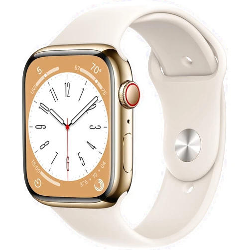 Apple Watch Series 8 (GPS + Cellular, 45mm) - Gold Stainless Steel Case with Starlight Sport Band (Renewed)