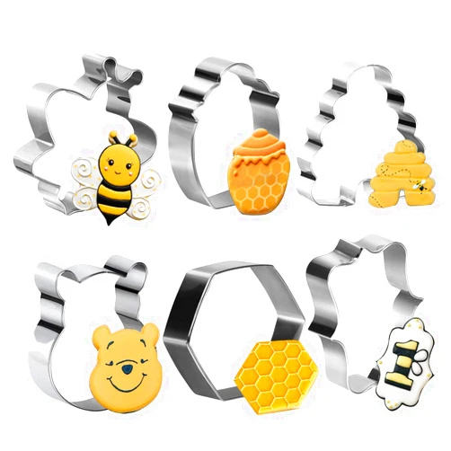 Aoerfes 6 Piece Aoerfes Bear Cookie Cutter Set, Bee Honeycomb Hexagon Honey Jar, Bear the Pooh Molds Cutters for Bee Party Making Muffins, Biscuits, Sandwiches Fondant Decorations