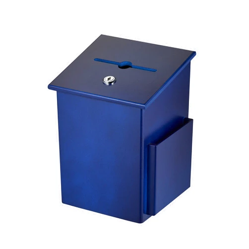 AdirOffice Square Wood Suggestion Box - Wall Mountable - With Lock & Chained Pen - Donation, Collection, Ballot, Key Drop, (Blue)