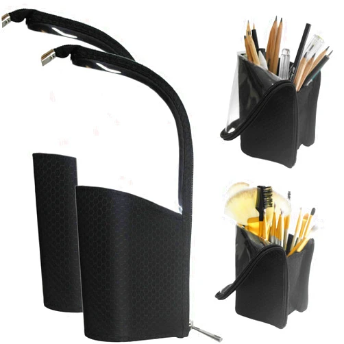 ANEMEL Black Travel Makeup Brush Holder 2-Pack, Organizer Bag Clear Plastic Cosmetic Zipper Pouch Portable Waterproof Dust-Free Stand-Up Small Toiletry Stationery Bag with Divider