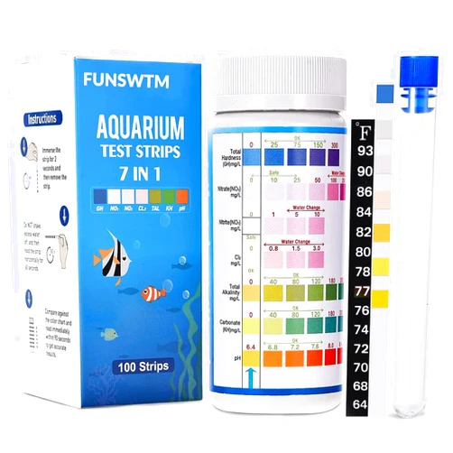 FUNSWTM Aquarium Test Strips for Freshwater Fish: 7 in 1 Fish Tank Water Testing Kit for Aquarium Pond - Accurate Testing Nitrate Nitrite Hardness Free Chlorine pH Carbonate Total Alkalinity-100 Strips