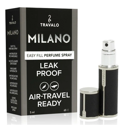 Travalo Milano Perfume Atomizer Travel Refill U-Change System TSA Approved Reusable Airtight Easy Fill Mini Pump Sprayer Lightweight Portable Vegan Leather with Polished Metal Outer Shell Black 0.17oz