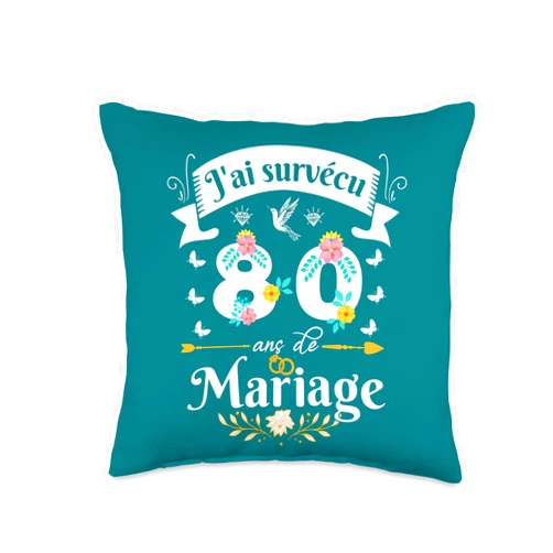 Idée Cadeau Anniversaire De Mariage Pour Couple J'Ai Survécu 80 Ans de Mariage Cadeau Anniversaire Femme Throw Pillow, 16x16, Multicolor