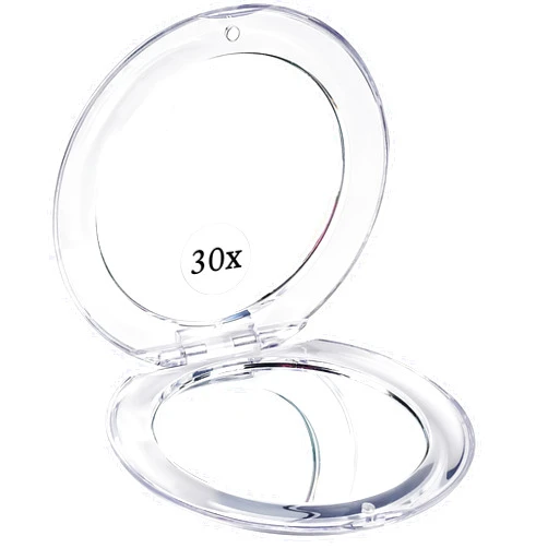 MIRRORVANA Small Compact 30X Magnifying Mirror for Travel - Handheld, Foldable & Very Lightweight - Mini Pocket-Sized Magnified Mirror for Purse - Round 3.3” Diameter