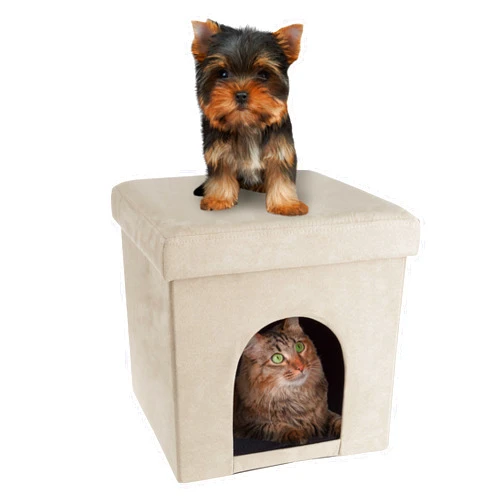 PETMAKER Pet House Ottoman - Collapsible Multipurpose Small Dog or Cat Bed Cube and Footrest with Cushion Top and Interior Pillow by PETMAKER (Microsuede Tan)