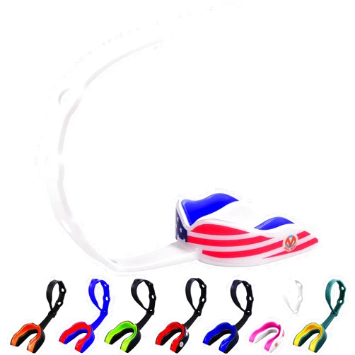 Oral Mart Strapped Mouth Guard for Football, Lacrosse, Ice Hockey, Taekwondo (USA Flag, Fangs, 15+ Colors to Choose from) - Sports Mouthguard with Fixed Strap (Strapped, Youth or Adult)
