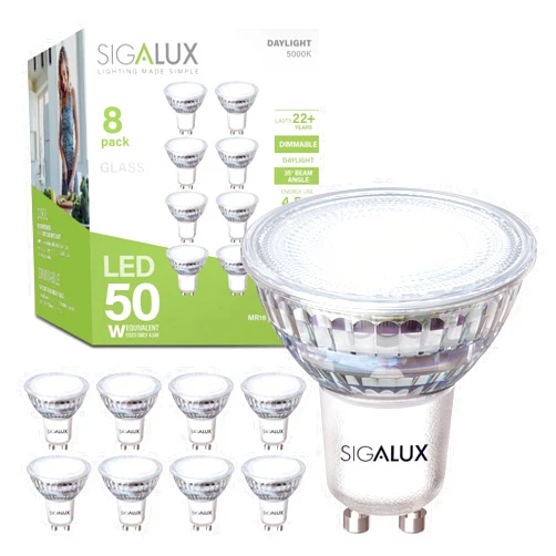 Sigalux GU10 LED Light Bulbs, Dimmable 5000K Daylight White Natural Light, 4.5W 450LM, MR16 LED Bulb Equivalent 50W Halogen Replacement, 35 Degree Spot for Track Light Bulb, Pack of 8
