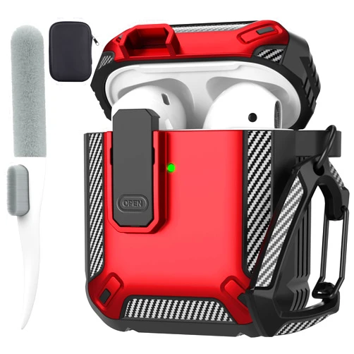 Maxjoy for AirPods 2nd Generation Case Cover, AirPods Case with Lock Gen 2 Hard Shell Rugged Shockproof Protective Cover with Keychain Cleaner Kit Compatible with Apple Airpods 2 Airpods 1, Red