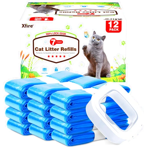 Xfire 12 Pack Cat Litter Refill Bags, 100% Odor Lock Litter Refills Compatible with Litter Genie XL/Plus/Standard/Pet Pail (Included 1 Empty Refill Cartridge)