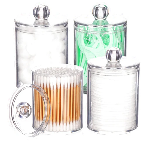 Tbestmax 4 Pack Qtip Holder - Restroom Bathroom Organizers and Storage Containers, Clear Plastic Apothecary Jars with Lids for Cotton Ball, Cotton Swab, Cotton Round Pads, Floss