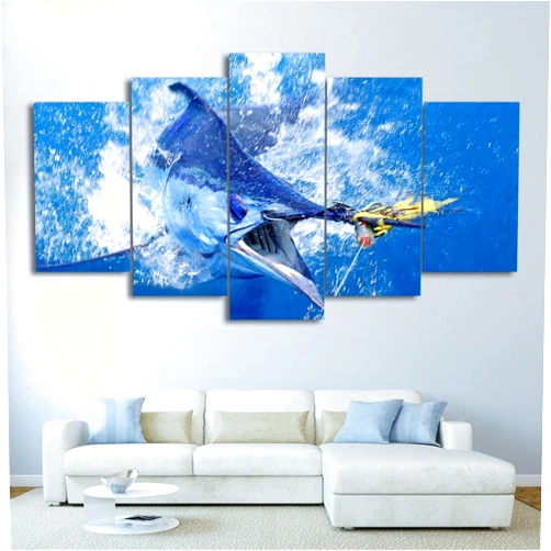 JIANGE 5 Panel Abstract Wall Art for Living Bedroom Decor Modern Canvas Artwork Atlantic Blue Marlin Sailfish Big Tuna Fish Picture Print on Canvas Print Stretched and Framed Artwork Ready to Hang Gifts